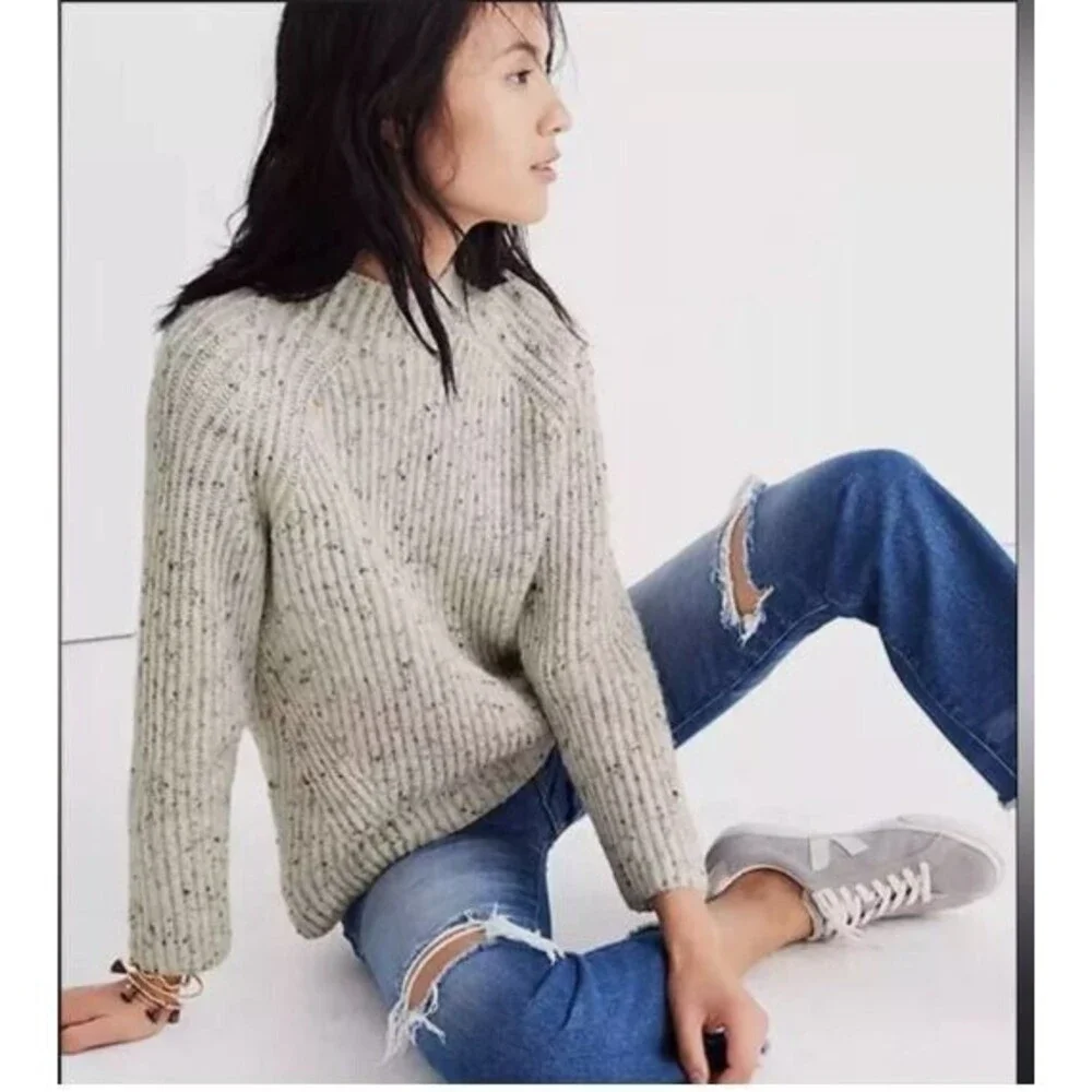 Madewell Donegal Northfield Mockneck Wool Beige Oversized Knit Sweater Womens XS